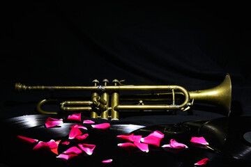 Obraz premium The old jazz trumpet plays among rose petals and records scattered throughout time