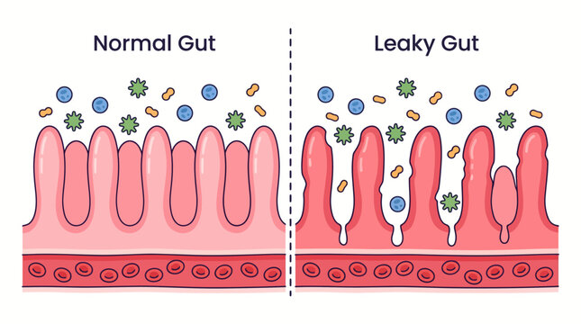 Comparison of Normal Gut Barrier vs Leaky Gut: Intestinal permeability, barrier disruption, and bacterial translocation illustrated