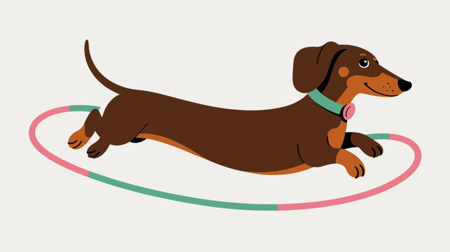 A brown dachshund dog jumping through a pink and green hoop in a playful scene