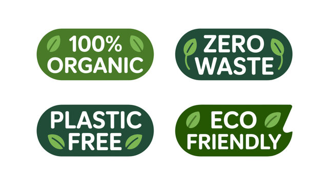 Eco friendly labels with leaf icons on for 100 percent organic, zero waste, plastic free and eco friendly