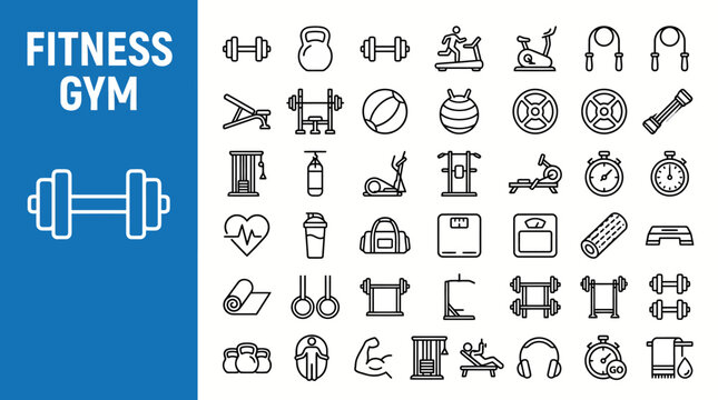 Fitness gym icons collection featuring diverse training equipment and exercise symbols for workouts, branding, and apps.