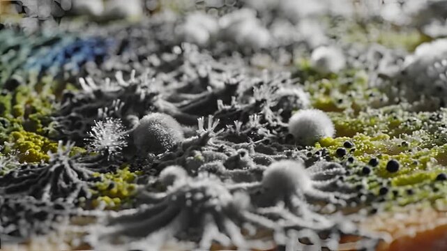 Closeup Macro View of Mold Colonies Growing on a Surface.