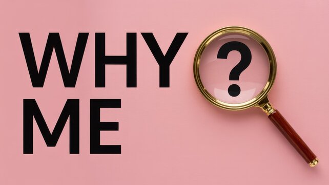 "WHY ME?" question text with a magnifying glass and question mark, symbolizing introspection and self-reflection, on a pink background.