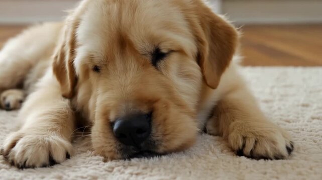 Cute golden retriever puppy resting by food bowl in cozy modern home 4k