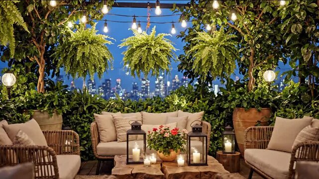 Rooftop Green Lounge with Cozy Evening Mood