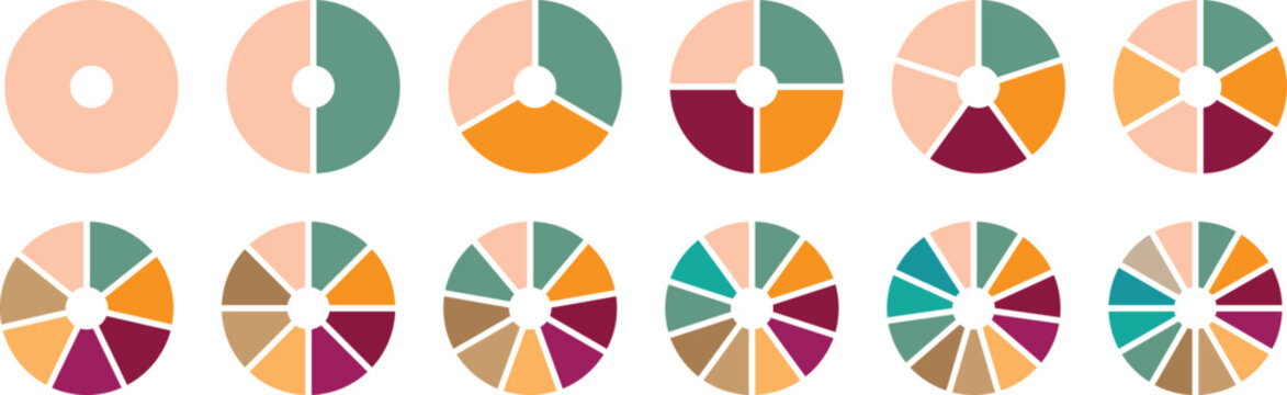 Set of colorful abstract circle pie chart. Collection of 2,3,4,5,6,7,8,9,10,11,12 sections or steps, process cycle and progress sectors. 
