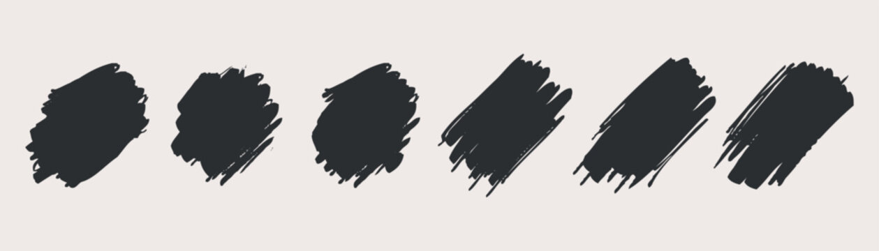 Set of black ink splashes paint brush spots, highlighter lines or felt-tip pen marker. Ink smudge abstract shape stains and smear texture.
