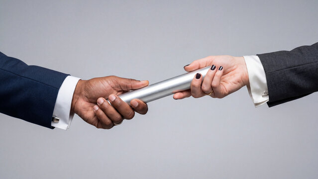 Business people passing a silver relay baton representing teamwork and corporate project handover