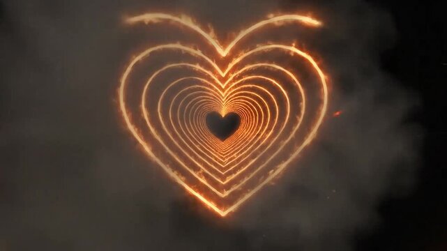 A glowing tunnel of fiery heart shapes creates a deep infinite visual effect