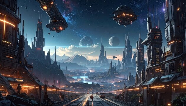 Futuristic alien cityscape with flying vehicles and distant mountains under a starry sky.