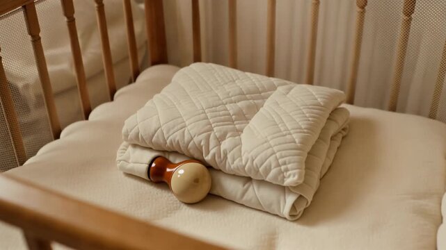 Peaceful nursery room with wooden baby crib blanket and smart baby monitor 4k
