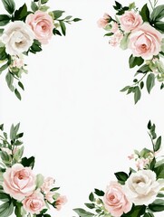 Obraz premium This artwork features a floral border made of pink roses and green leaves with a white center space for adding text or other elements.