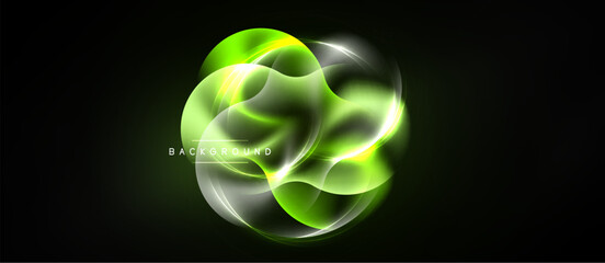 Abstract luminous shapes overlap, creating vibrant green glow against dark backdrop. Modern design element, dynamic composition. © antishock