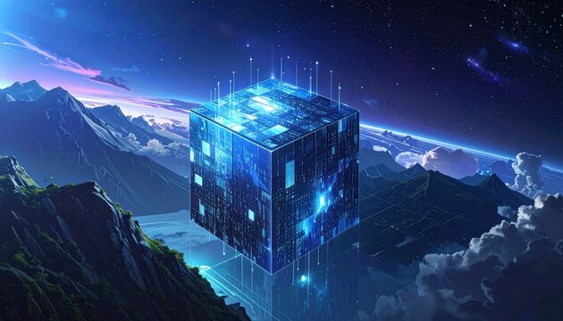 Futuristic Neon Cube Floating Over Alien Planet Landscape