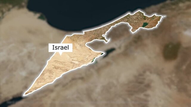 Israel country border map zoom in with satellite terrain background loop