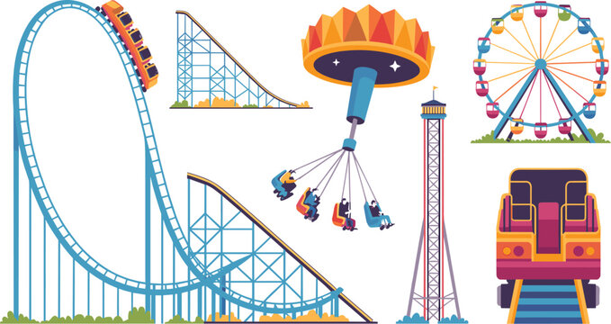 Amusement Park Attractions Vector Icon Set with Roller Coaster, Ferris Wheel, Carousel, and Drop Tower Rides for Theme Park Graphic Designs