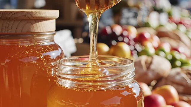 Golden Honey Dripping from Dipper into Jar with Fruits Background.