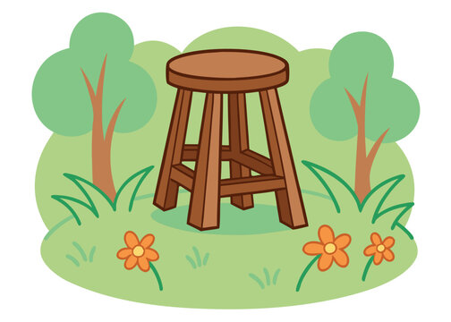 A four legged wooden stool stands on a green mound with two small green trees and three orange flowers in the background on white.