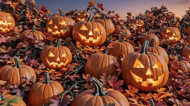 Spooky JackoLanterns Glow Among Autumn Leaves.