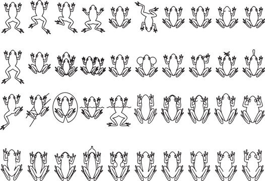 A collection of outline drawings of frogs in various poses and styles.
