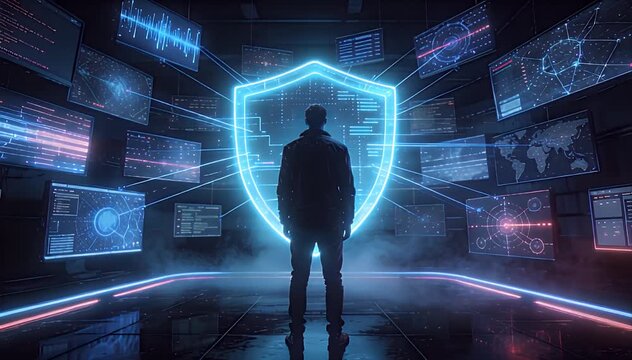 Digital shield data streamcybersecurity data protection network security digital shield hacker security analyst control room command center computer screen monitoring threat detection encryption