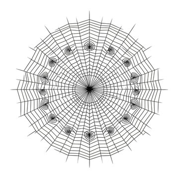 Ornate circular spider web with heart details.