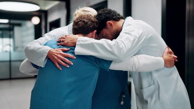 Medical, team and huddle in hospital for support, collaboration and solidarity for cooperation. Healthcare, group hug and people together for connection with mission, nurses and doctors with synergy