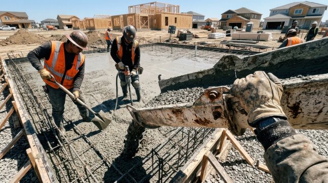 Construction Crew Diligently Pouring Concrete Foundation for New Residential Homes