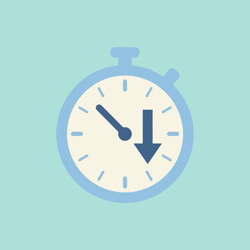 A flat illustration of a blue stopwatch with a downward arrow