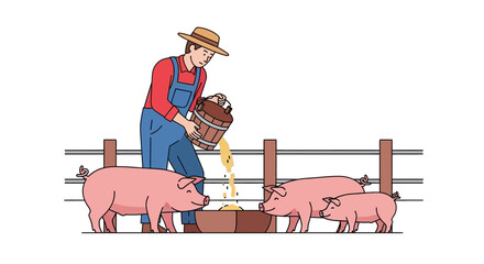 Farmer feeding pigs in a pen, illustration © rokok