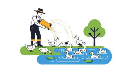 Fototapeta premium Farmer feeding ducks in pond, rural farm life, agriculture concept illustration
