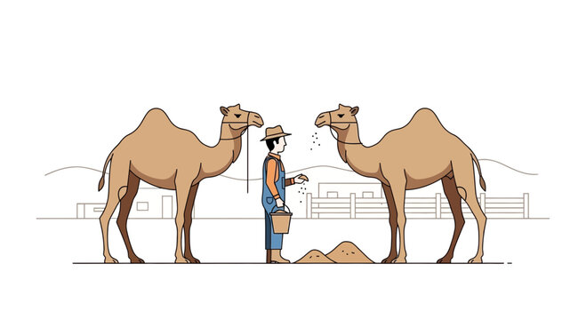 Farmer feeding camels in desert landscape, livestock care, agriculture concept