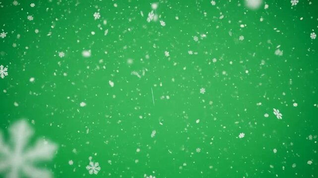 White snowflakes falling gently against a solid vibrant green background