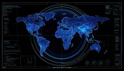 Fototapeta premium Global Network Map - Digital World Map with Blue Lights and Data Connections
