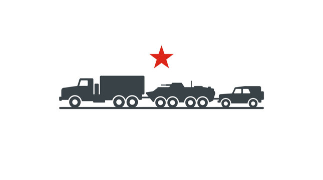 Military convoy: truck towing armored vehicle and car, red star symbol