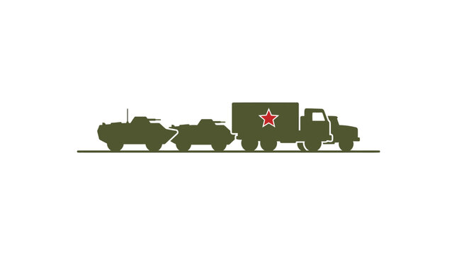 Military convoy with armored vehicles and truck, red star symbol