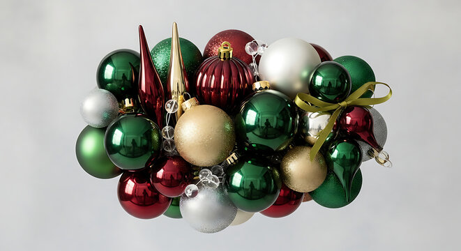 assorted christmas ornaments in vibrant colors red green gold silver holiday decorations