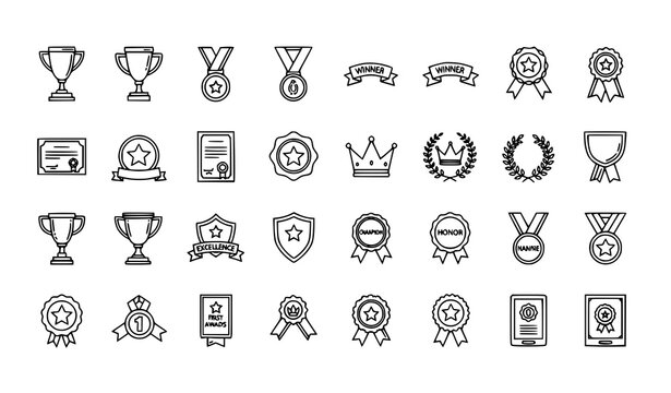Awards and Achievement Outline Icons Set with Trophy Medal Ribbon and Recognition Symbols