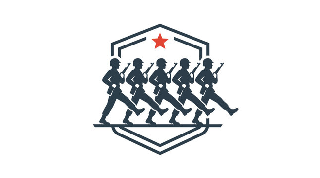 Military Marching Soldiers Silhouette Emblem with Red Star