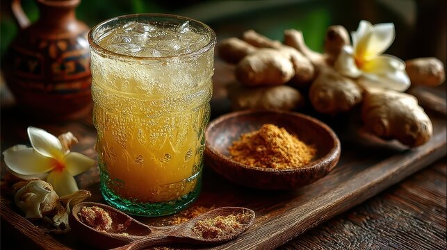Refreshing ginger honey lime cocktail with ginger root spices and floral garnish on wooden table