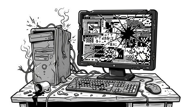 Computer with cracked screen on desk.