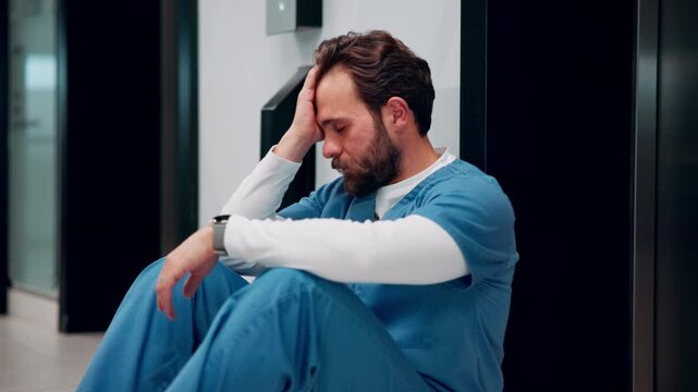 Healthcare, surgeon and man with burnout in hospital, overwhelmed and thinking of difficult surgery. Unhappy, doctor and person with fatigue after medical operation, reflection or exhausted in clinic