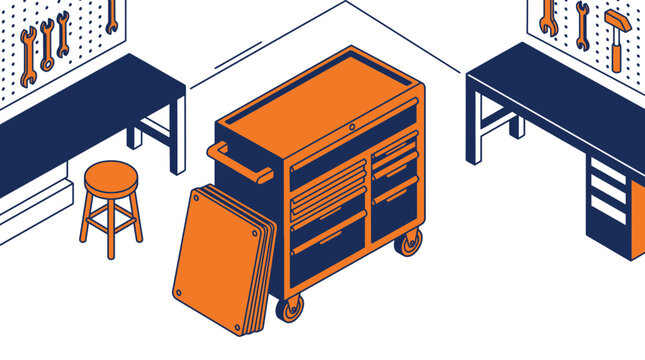 Garage workshop with tool chest and workbench, isometric view
