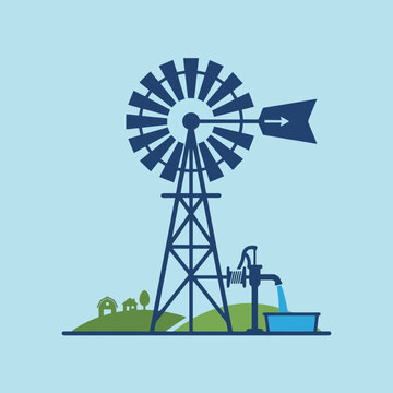 A flat vector illustration of a rural farm water windmill pump
