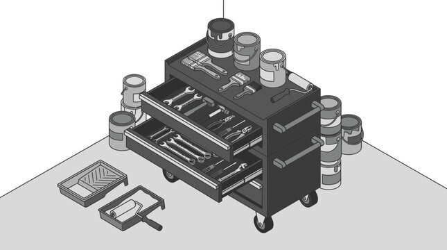 Tool Chest with Wrenches and Paint Cans on Table