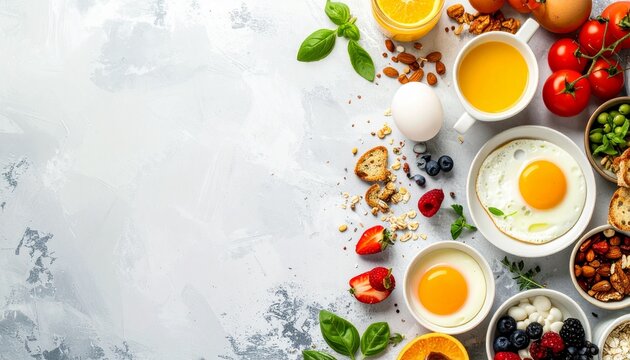 A vibrant breakfast spread on a marble surface with eggs, fruits, and nuts.