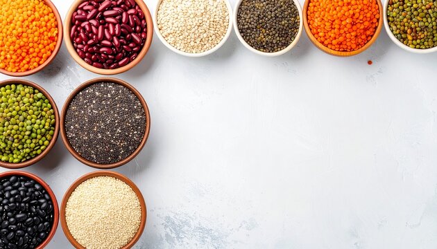 A vibrant display of various grains and seeds arranged in bowls on a surface
