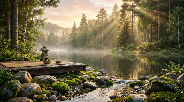 Zen meditation wooden deck by peaceful forest lake with stone lantern and burning incense