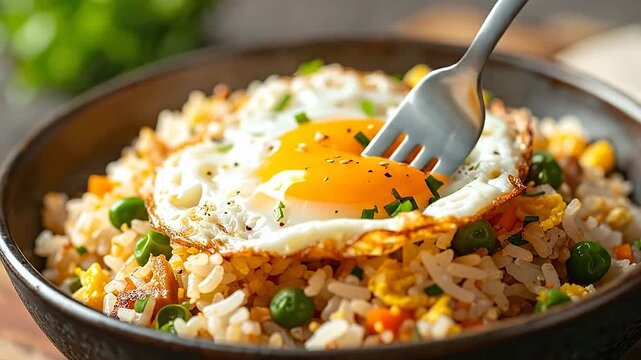 A bowl of savory fried rice topped with a freshly cooked sunny side up egg