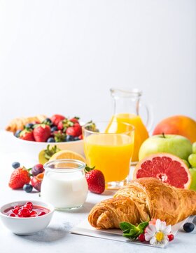 A delicious breakfast spread with fresh fruits and pastries on a table indoors